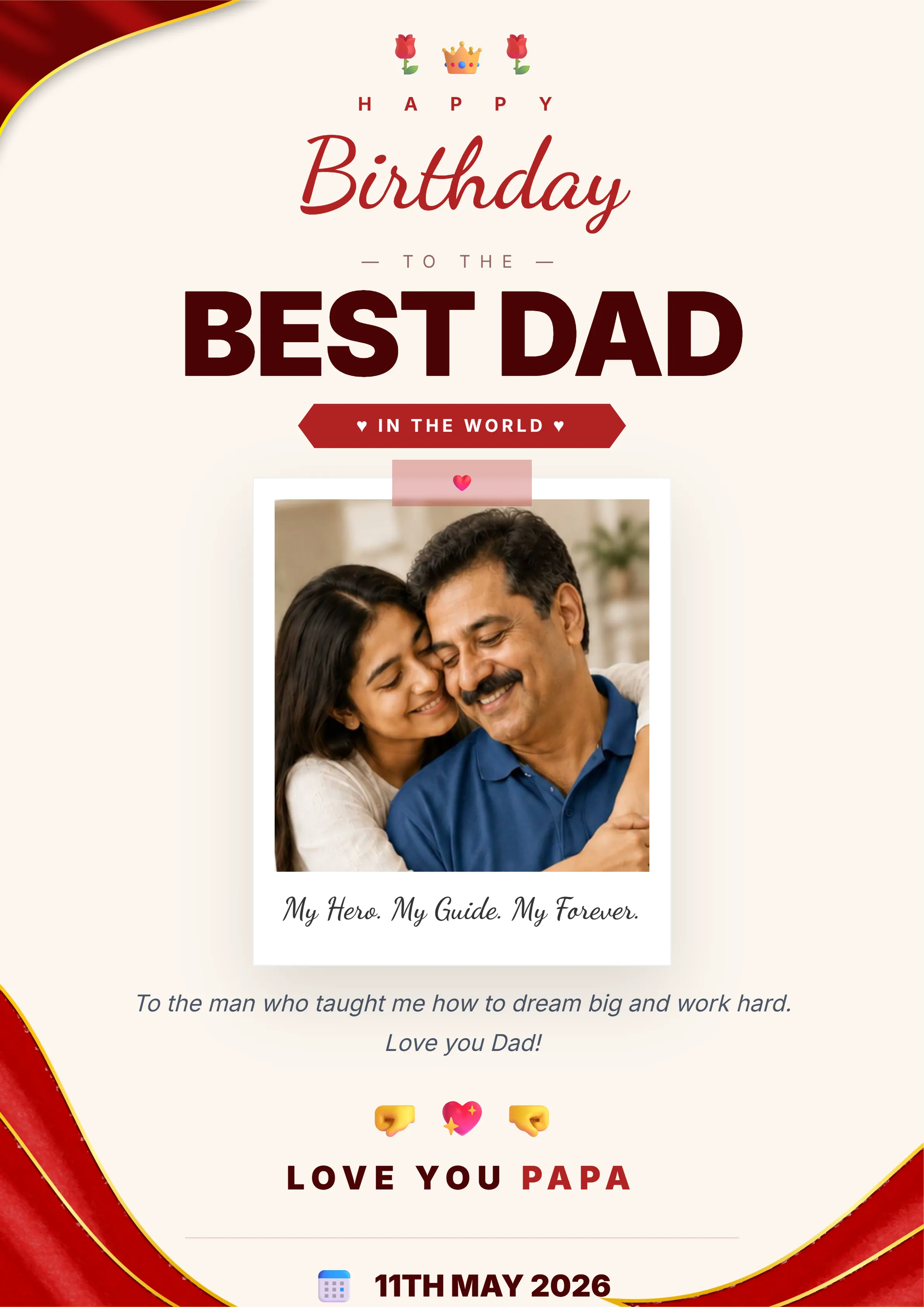 red watercolor father birthday wishes card template with photo frame and handwritten typography
