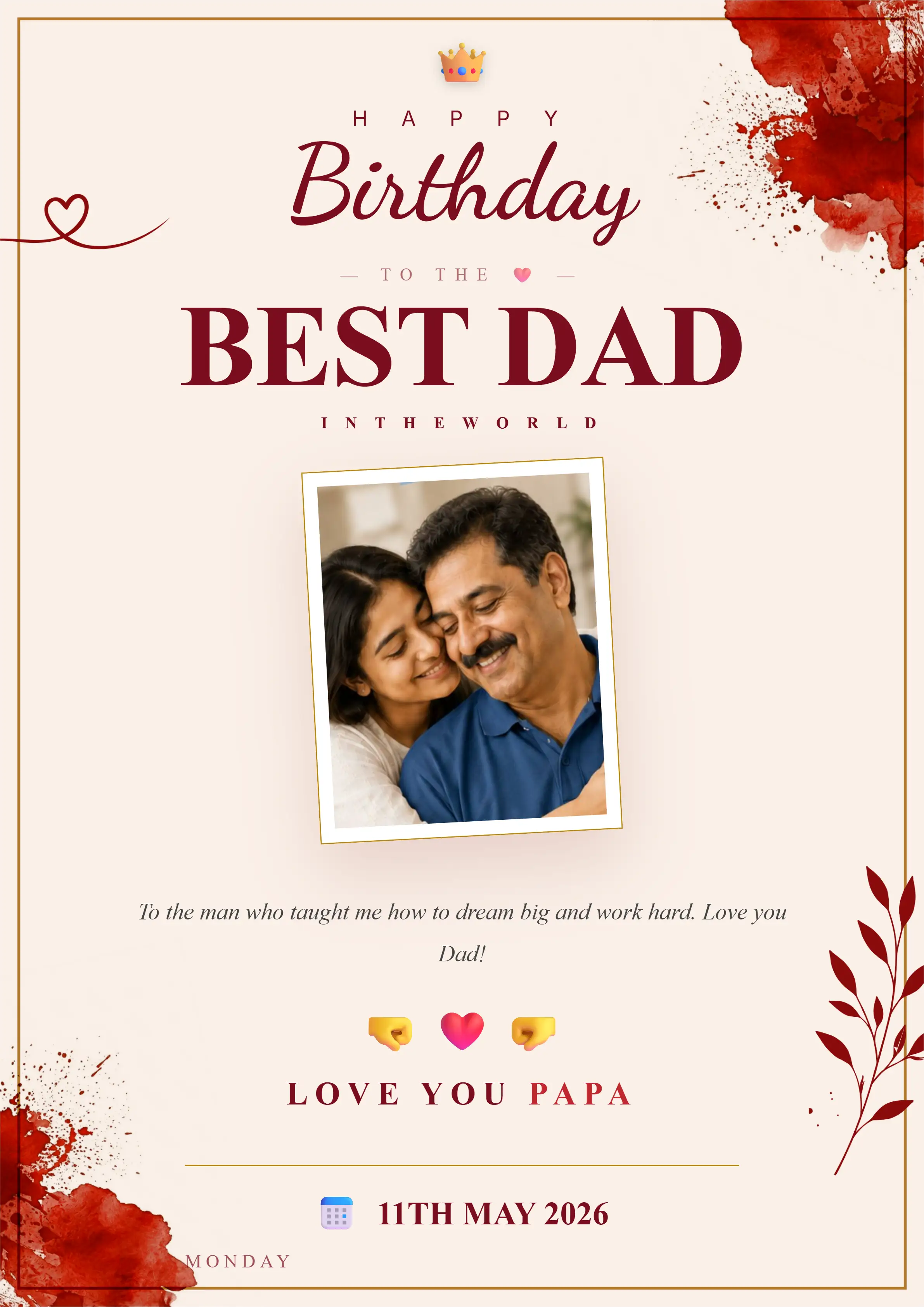pastel red papa birthday poster template download with stylish watercolor design and photo frame