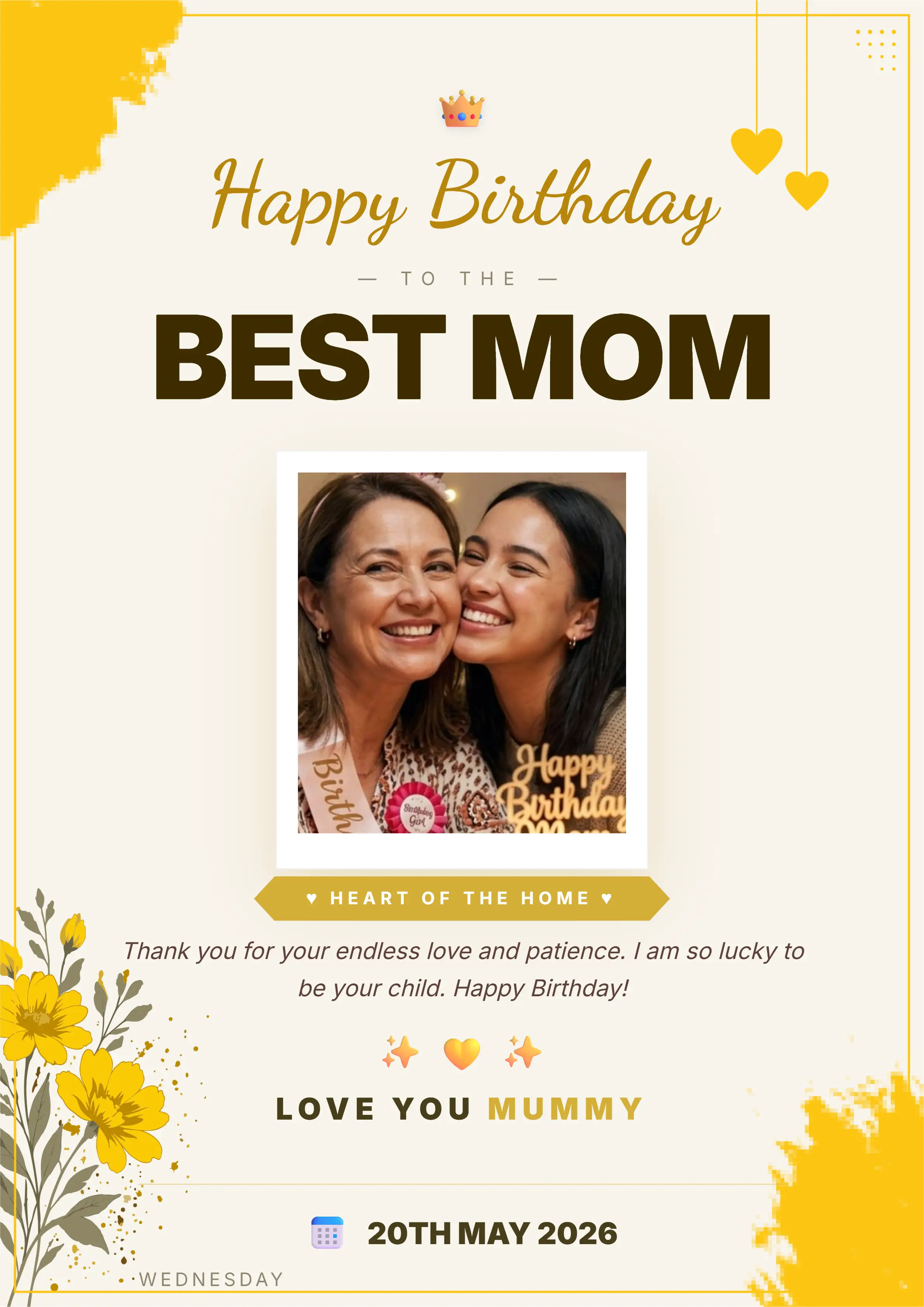 yellow happy birthday mom card maker online template with watercolor texture and polaroid frame