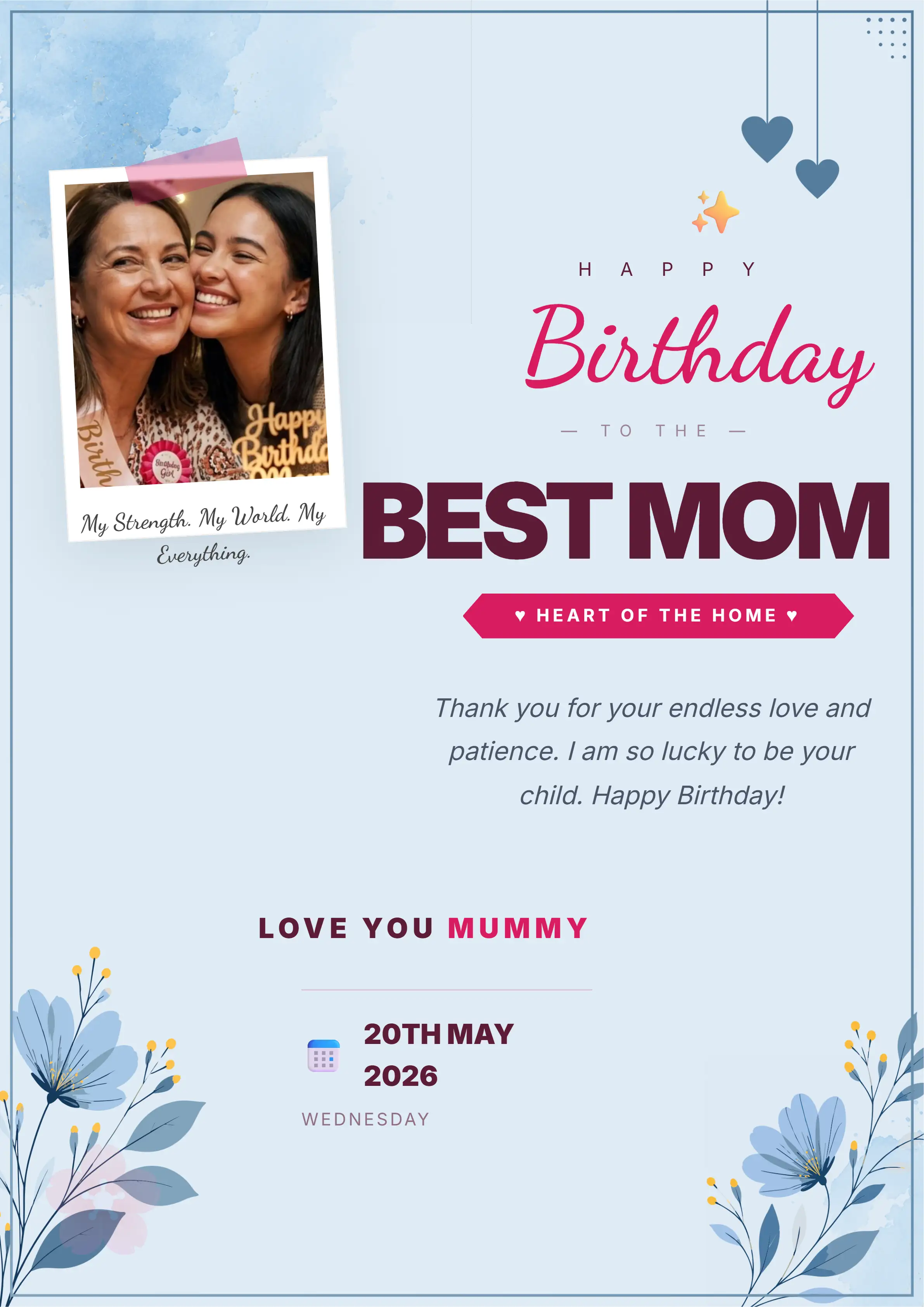 blue happy birthday mummy photo card template for mother birthday greeting and wishes online