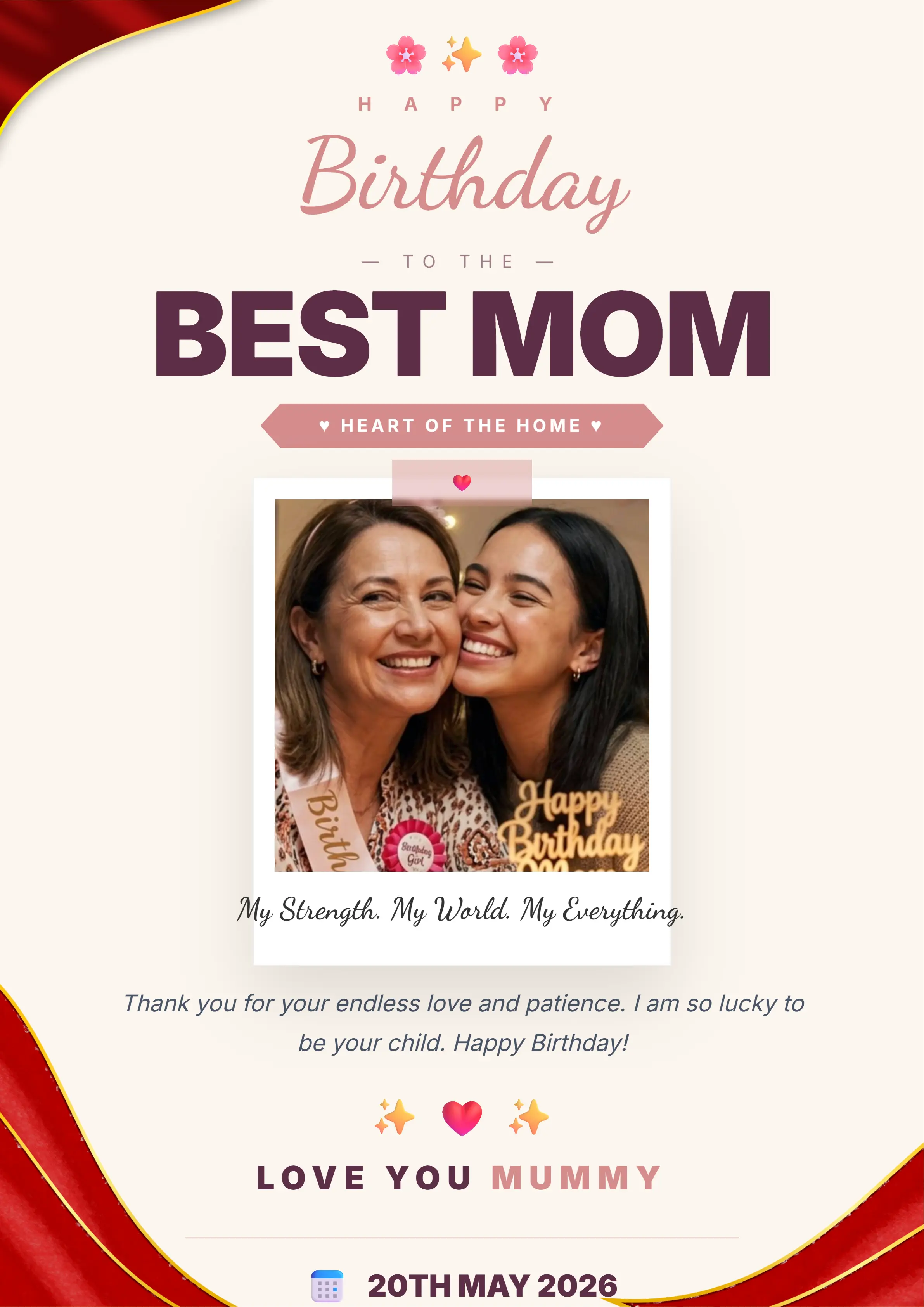 red watercolor mother birthday wishes card template with photo frame and handwritten typography