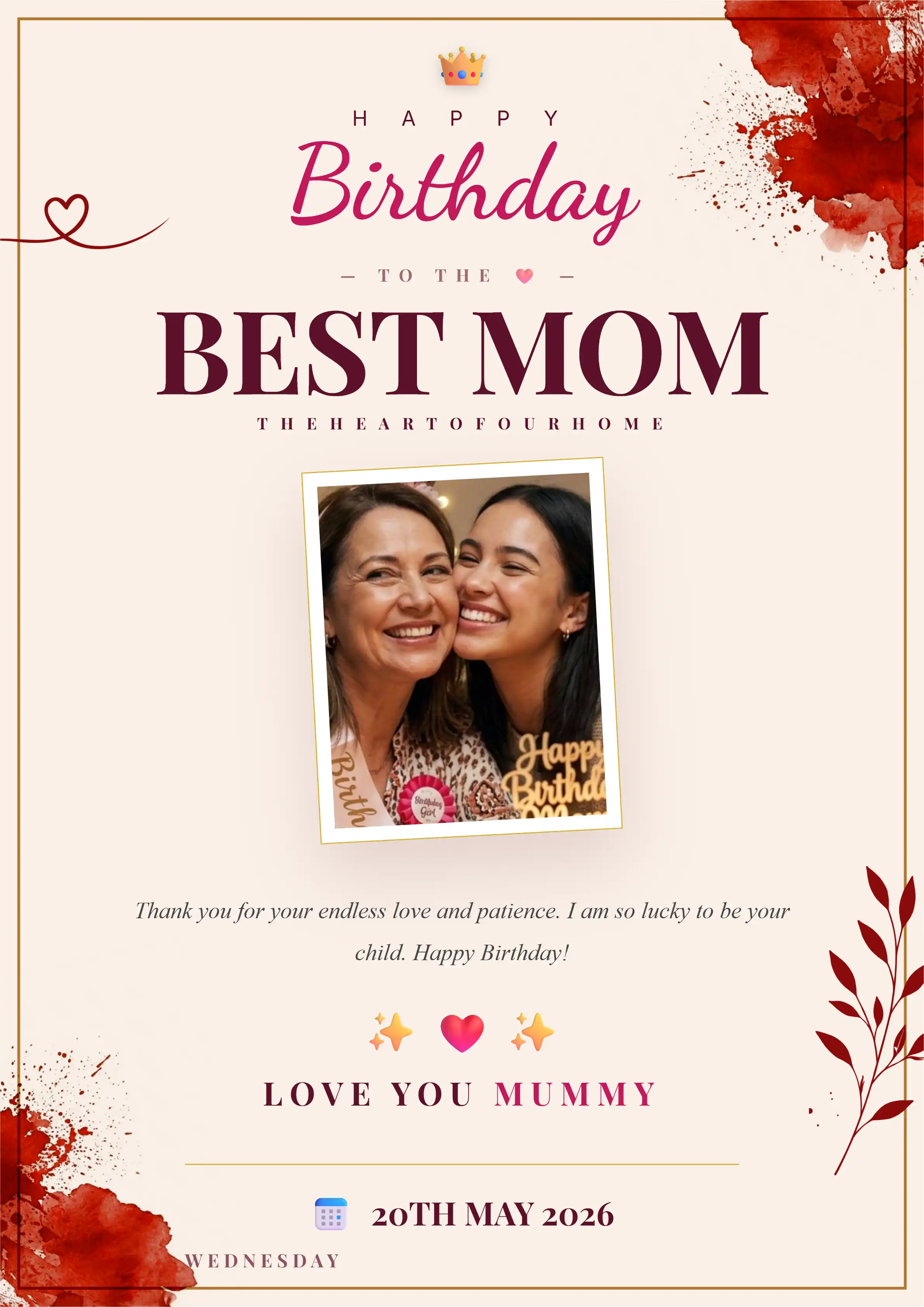 pastel red mummy birthday poster template download with stylish watercolor design and photo frame